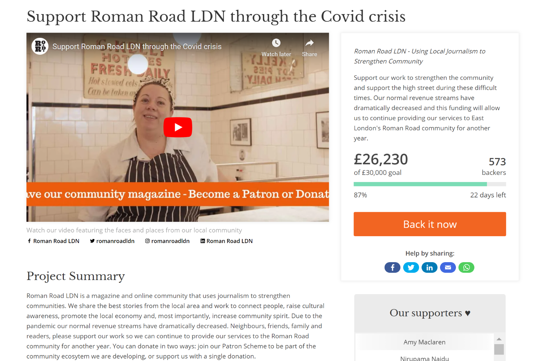 Screenshot of crowdfunding page on Roman Road LDN online magazine in East London